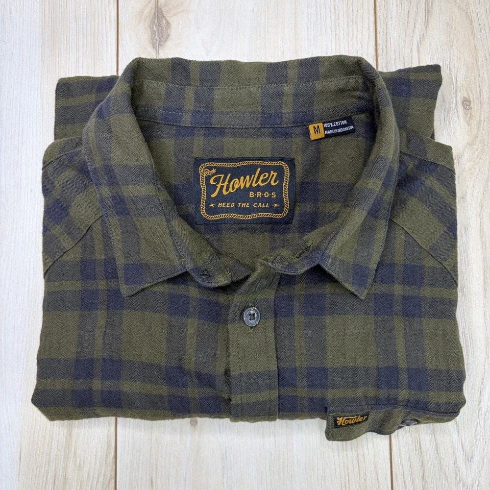 Howler Bros Shirt Mens Medium Green Brown Plaid Flannel Outdoor Nature